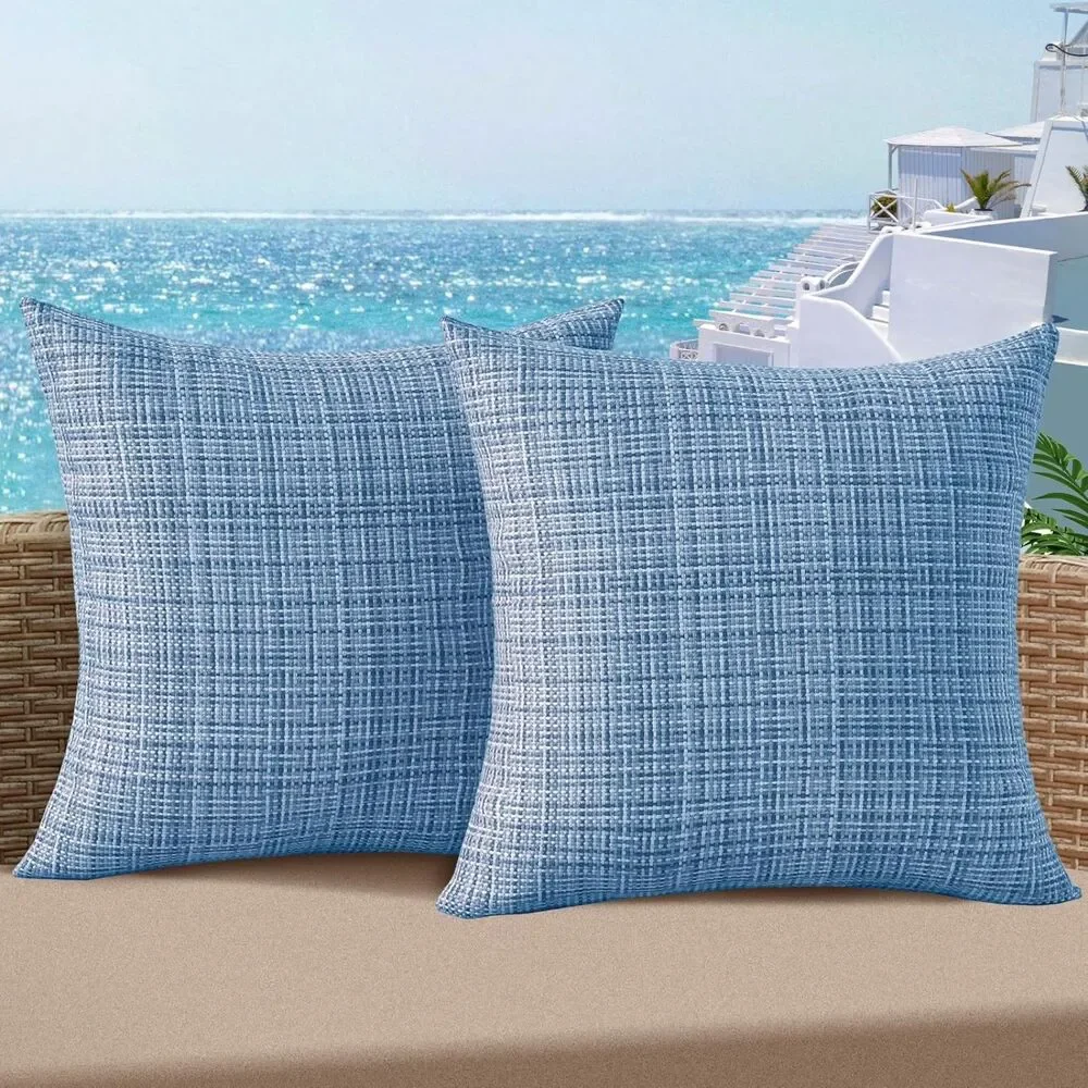 🌊 JELLYMONI Outdoor Waterproof Pillow Covers 2pk Light Blue Farmhouse 18x18 - Picture 1 of 8